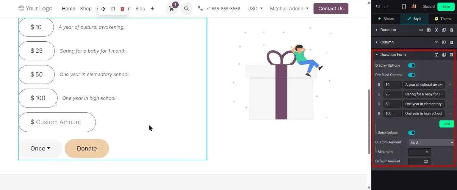 Donation Form Style options: prefilled amounts, descriptions, custom amount
