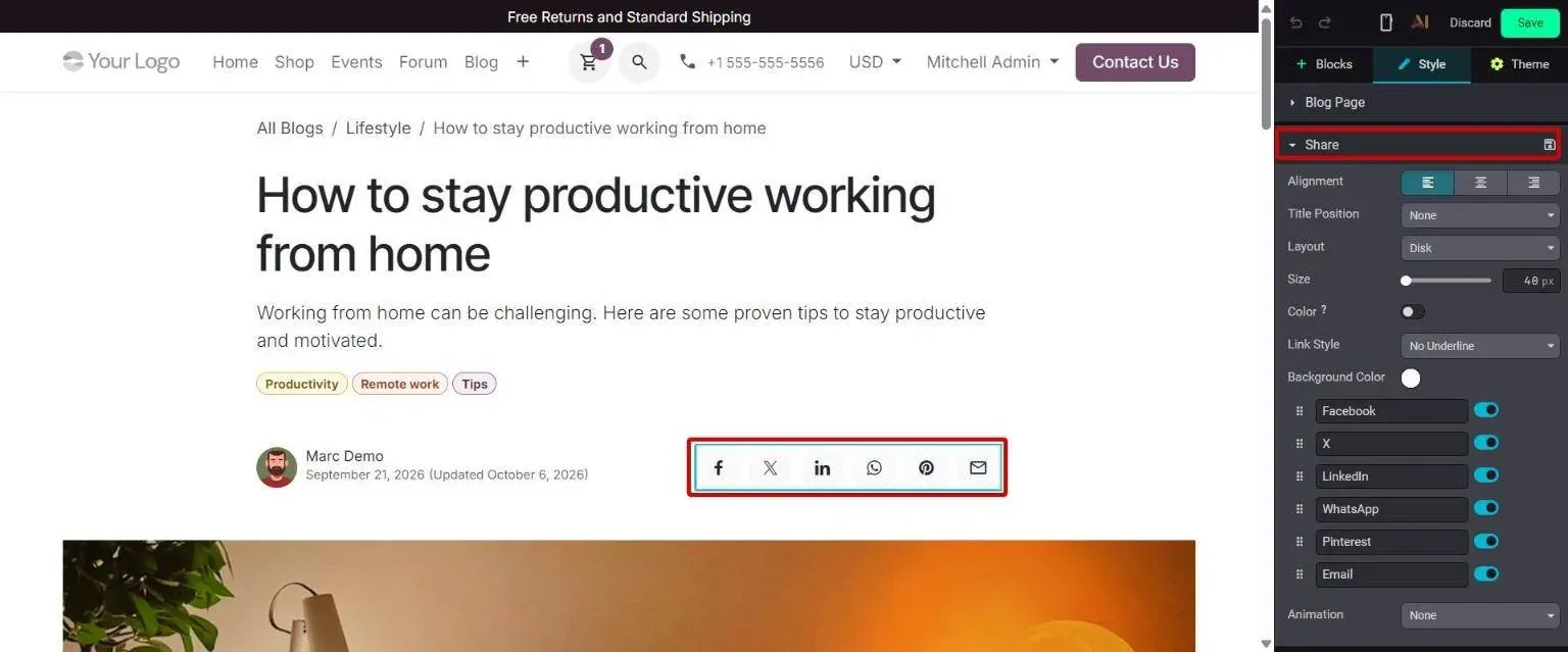 Blog post share icons are now a standard editable Share snippet