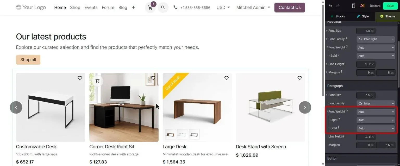 Theme tab: Paragraph Font Weight with Light and Bold selectors