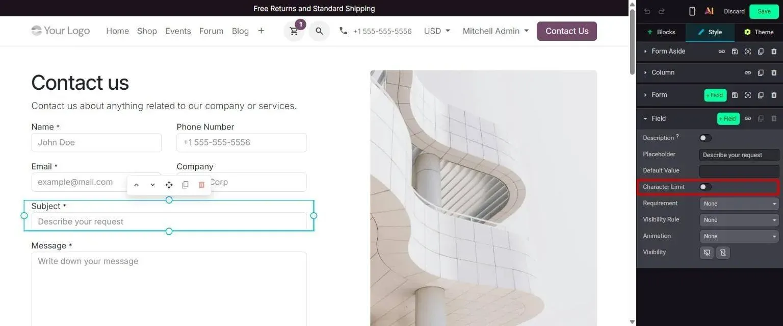 Form field Style options with new Character Limit toggle