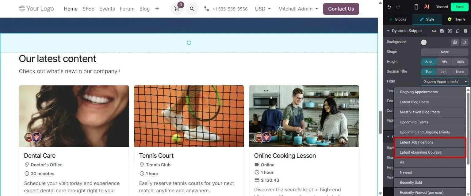 Dynamic Snippet Filter list with Latest Job Positions and Latest eLearning Courses