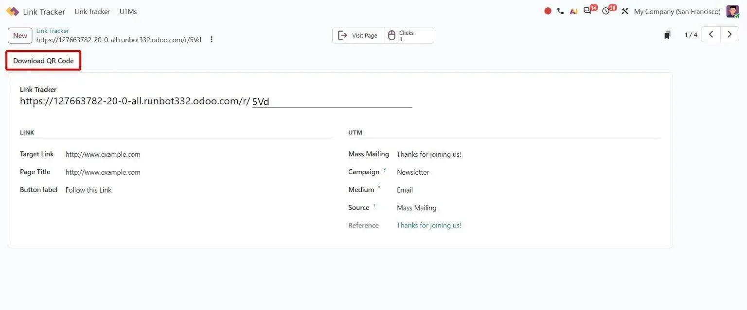 Link tracker form with new Download QR Code button