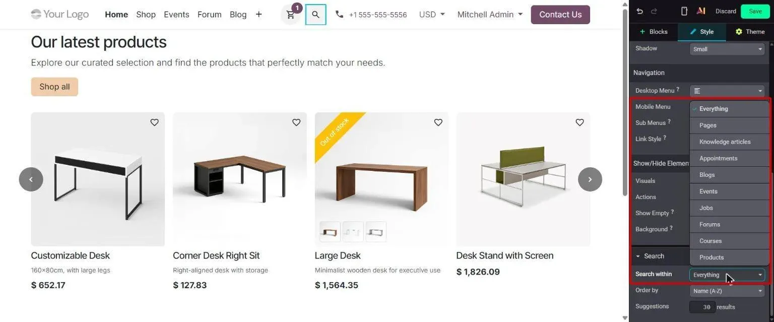 Header search Style options: Search within restricts to one content type