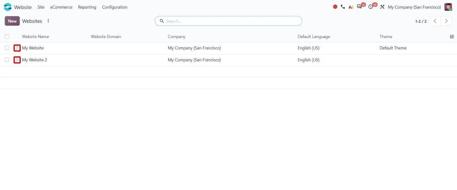 Websites list with drag handles; the first website becomes the default
