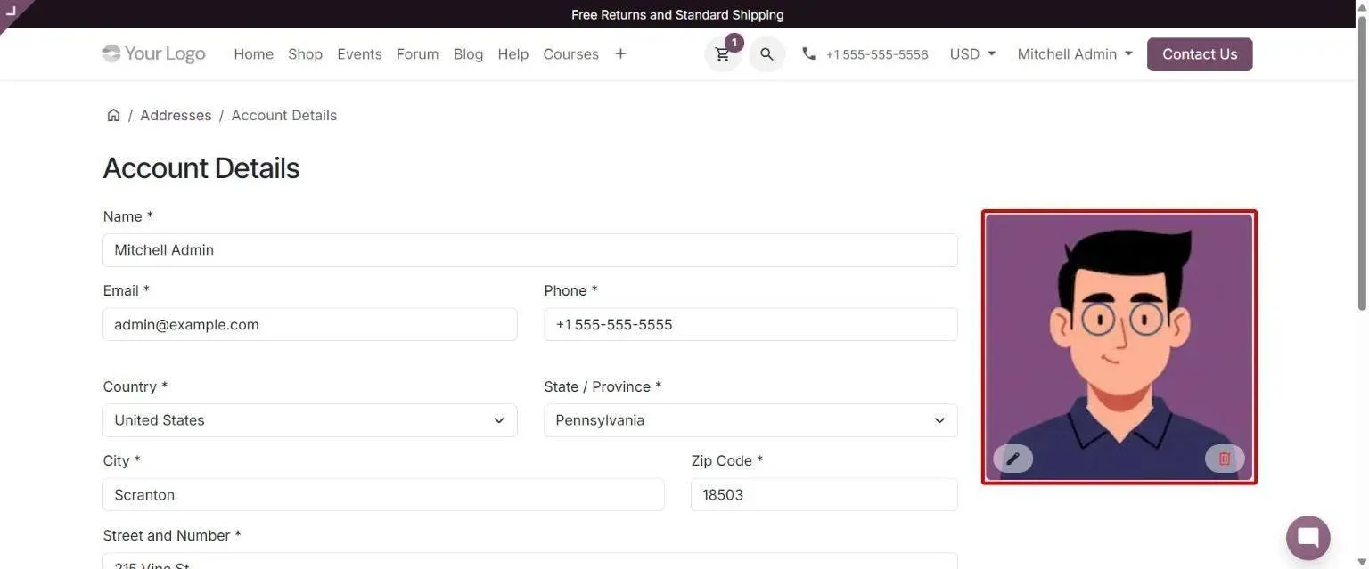 Portal Account Details with profile picture edit and delete buttons