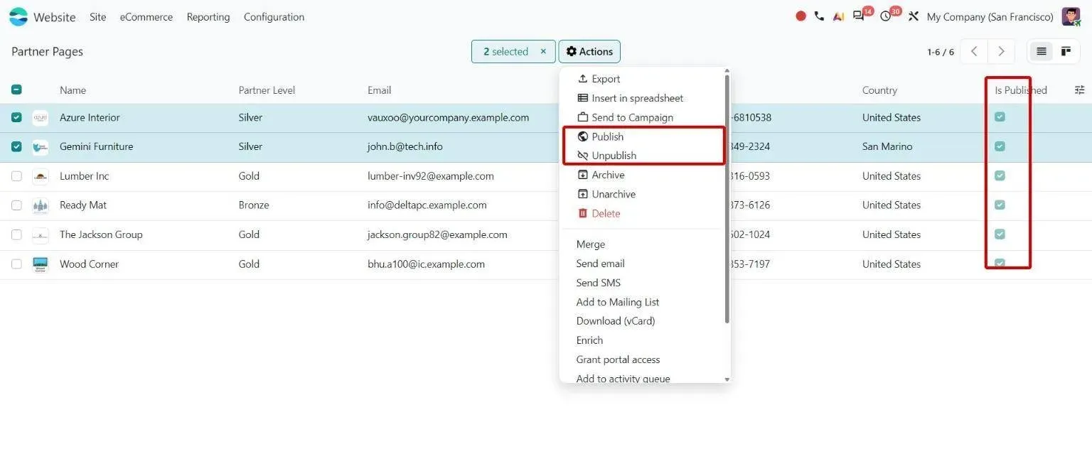 Partner Pages list with Is Published column and bulk Publish/Unpublish actions