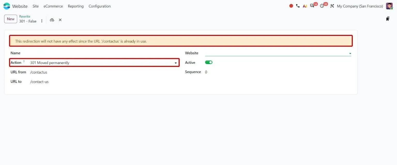 New redirect: defaults to 301 and warns the source URL is an existing page
