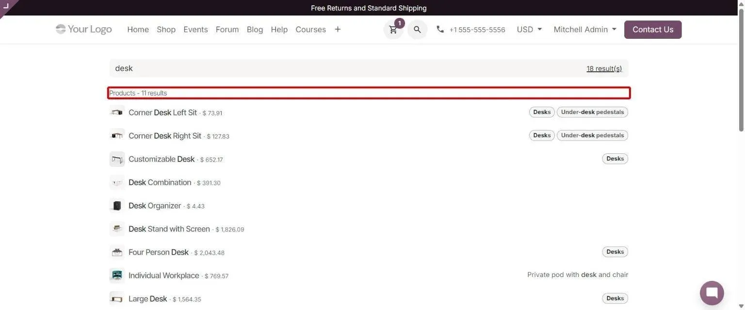 Website search results grouped by category with result counts