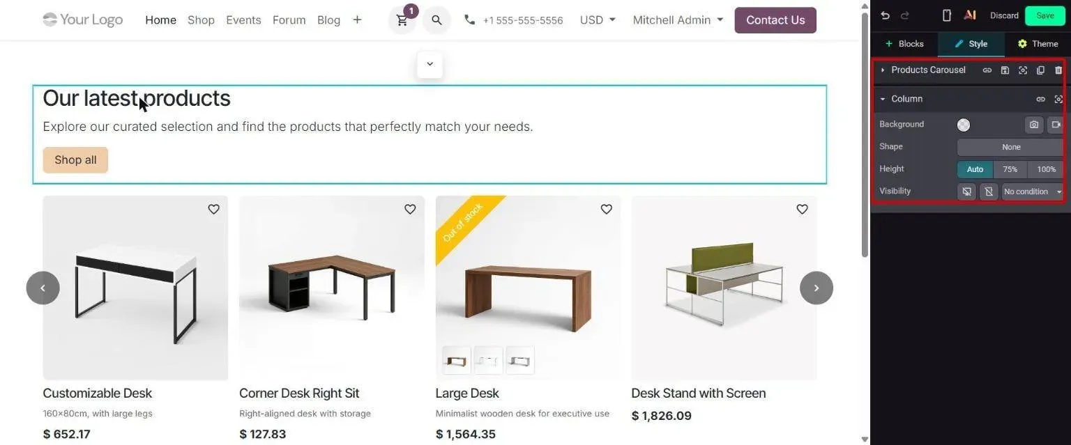 Style tab: parent Products Carousel group folded, only Column options open