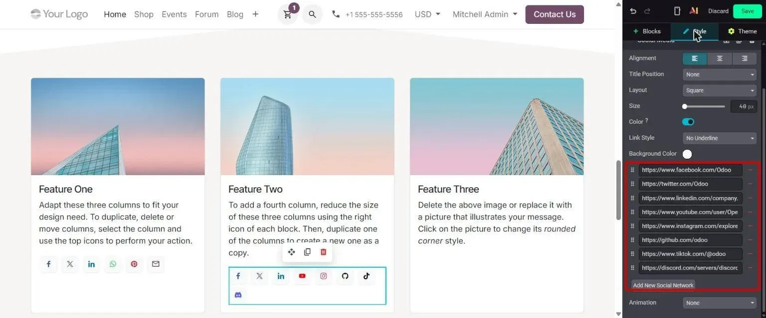 Social Media block options: one URL row per network, icon detected from address