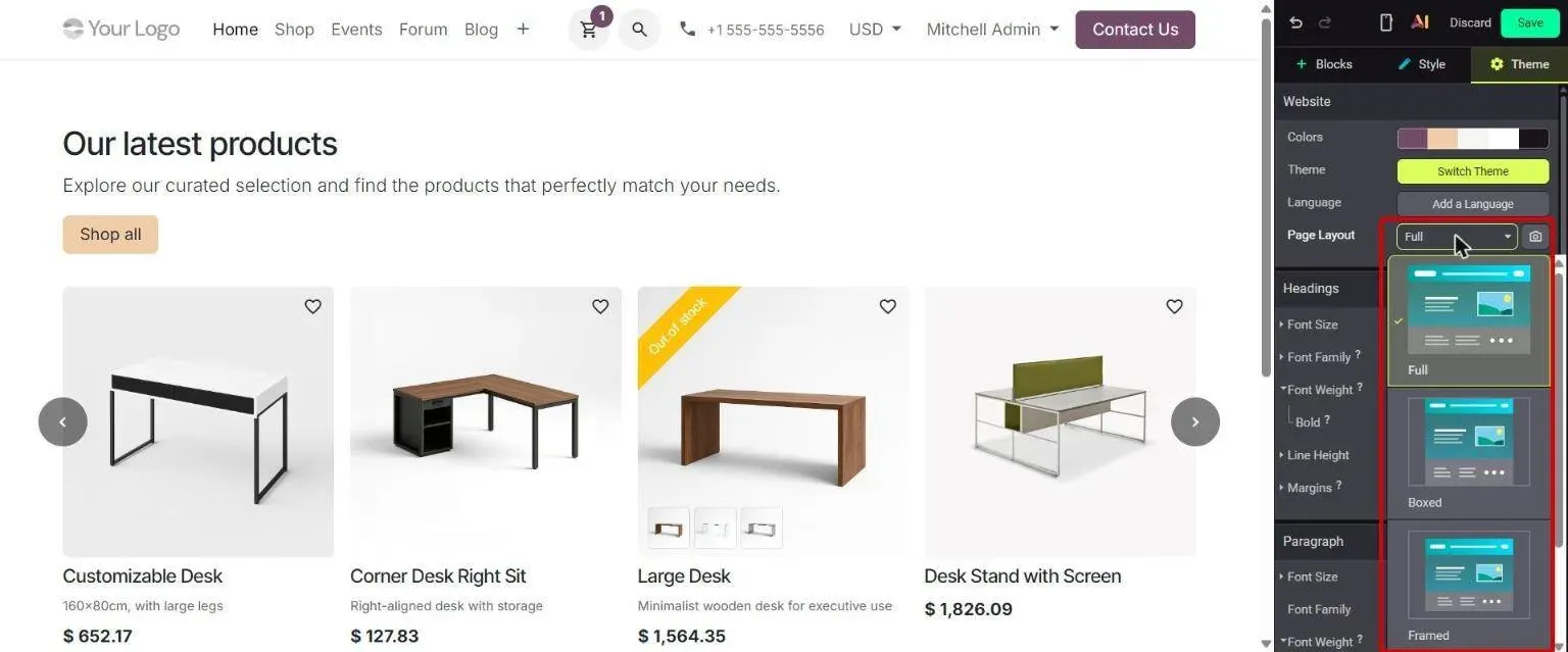 Theme tab: Page Layout picker with Full, Boxed and Framed pictures