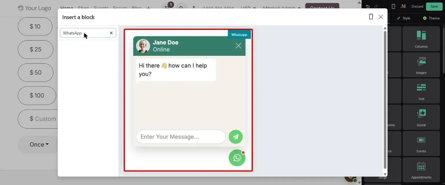 Insert a block: WhatsApp chat widget block