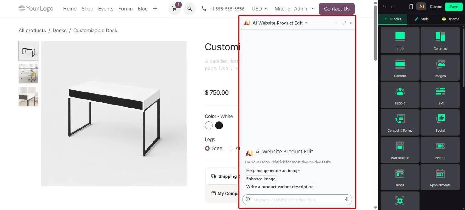 AI Website Product Edit chat on a product page in edit mode