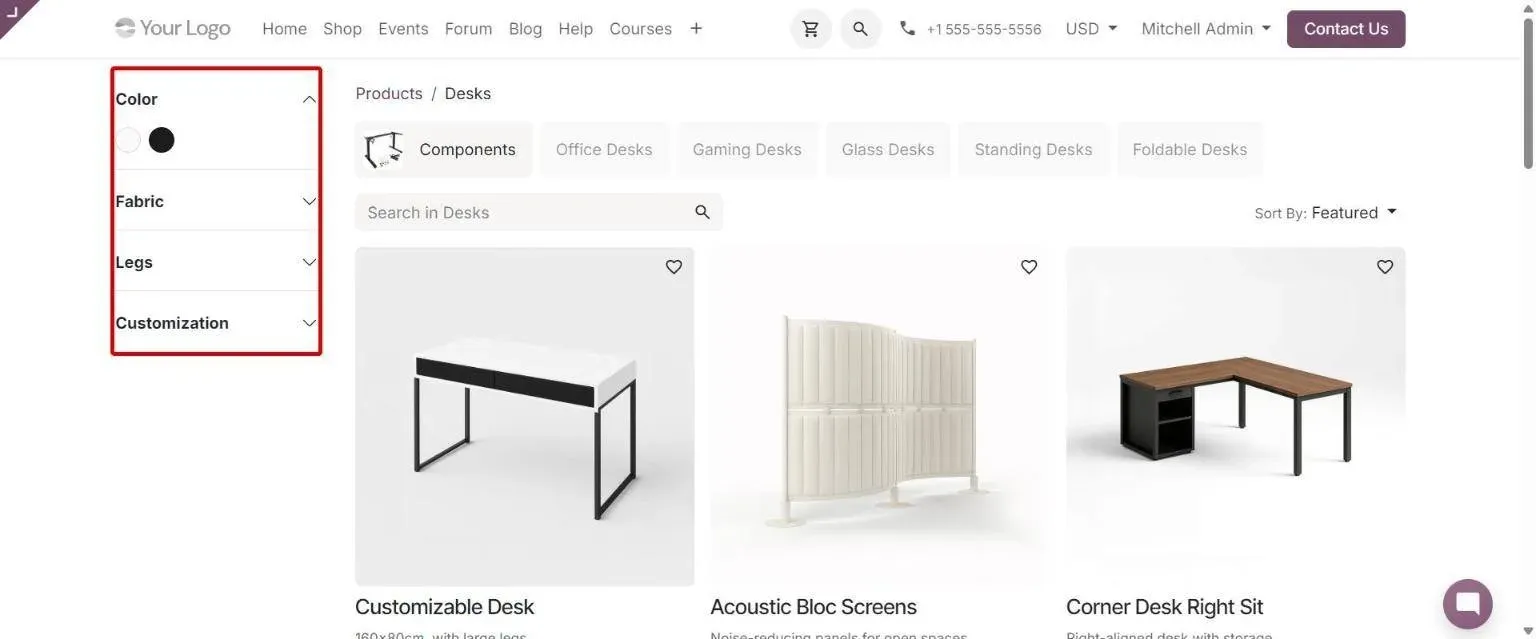 Desks category filters show only relevant attributes and Color values
