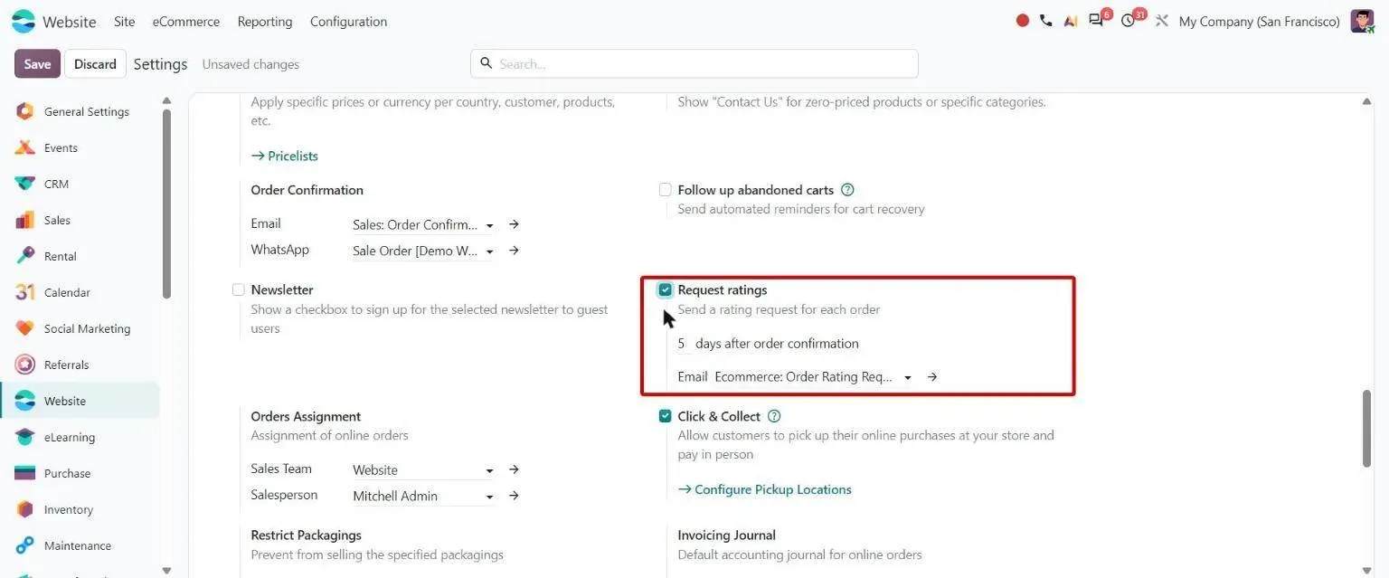 Website settings: Request ratings with delay in days and email template