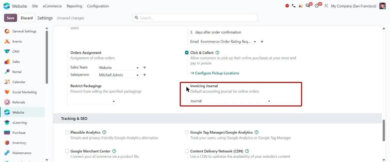 Website settings: Invoicing Journal sets default journal for online orders
