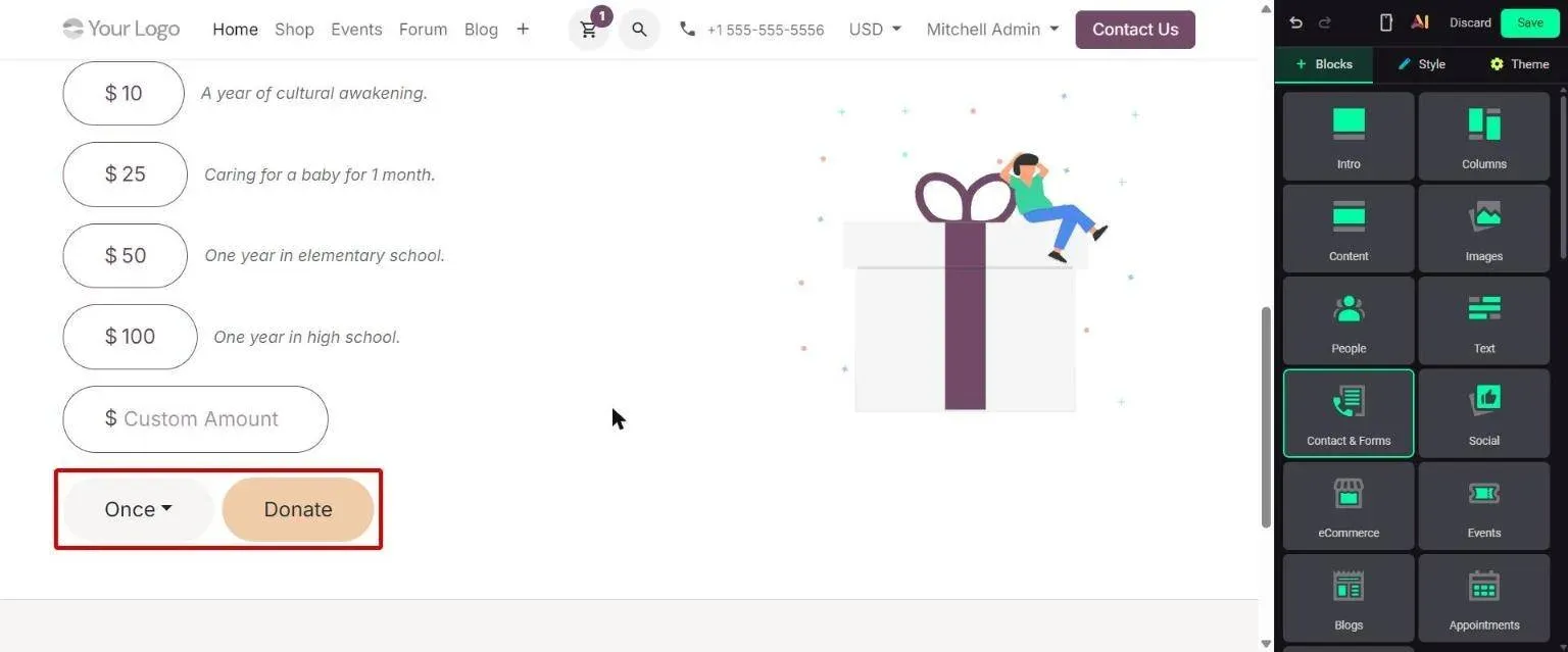 Donation block with recurrence selector (Once) next to the Donate button