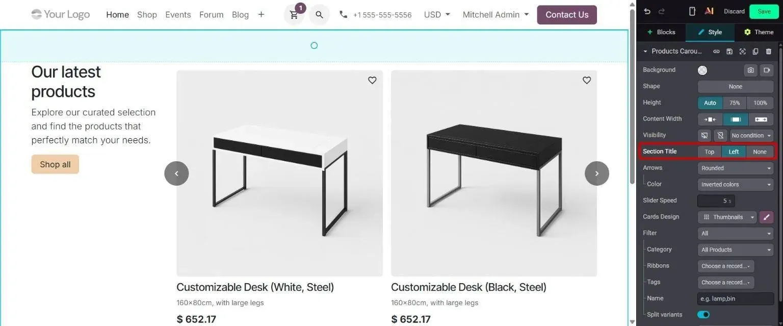 Products Carousel block with Section Title set to Left layout