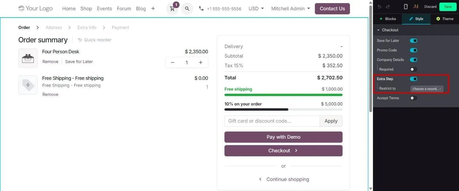 Cart editor Checkout options: Extra Step with Restrict to categories selector