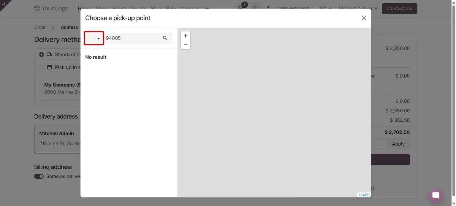 Pick-up point dialog with country selector beside the search bar