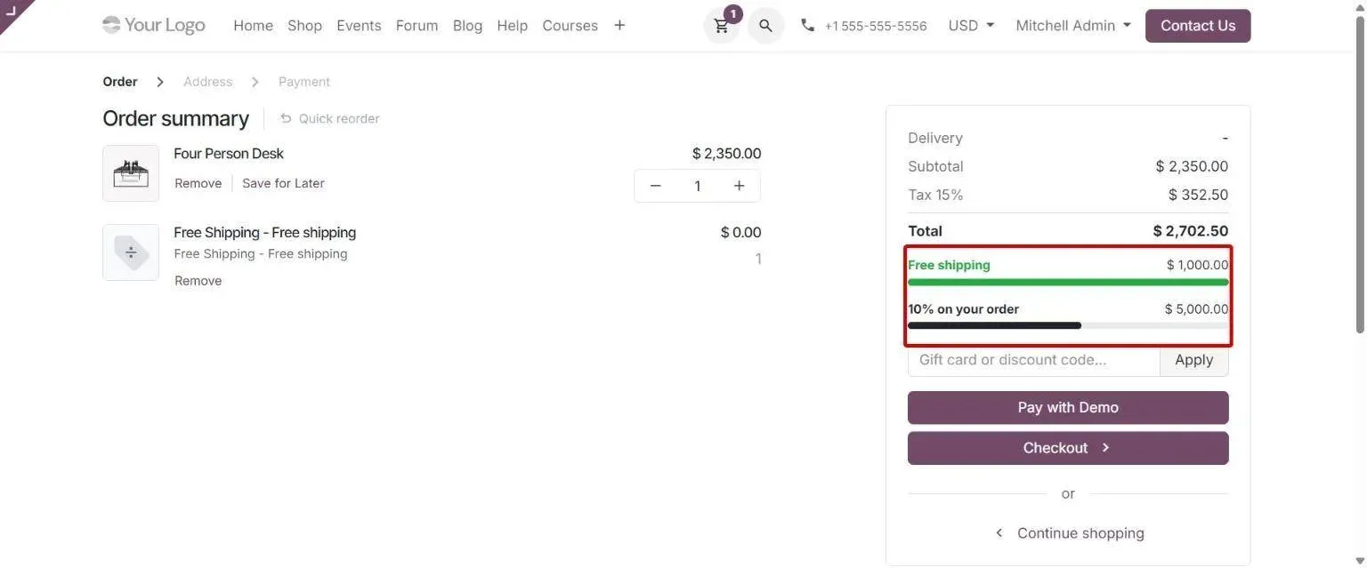 Cart summary with progress bars toward free shipping and 10% promotion