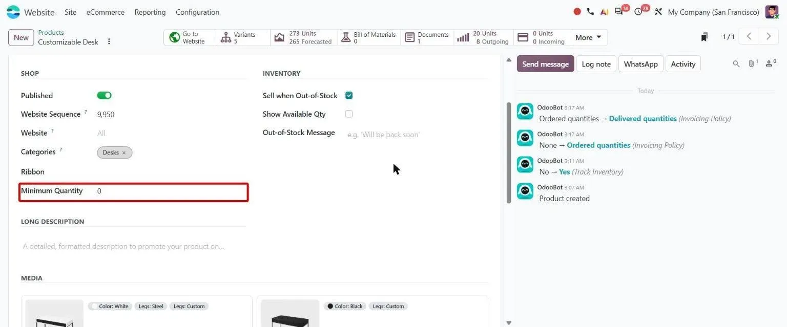 Product eCommerce tab with Minimum Quantity field