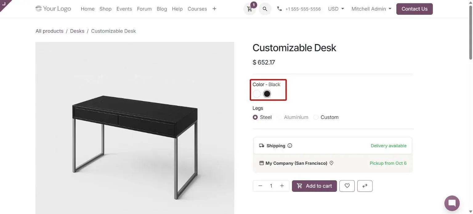 Product opened from 'black desk' search with Black color preselected