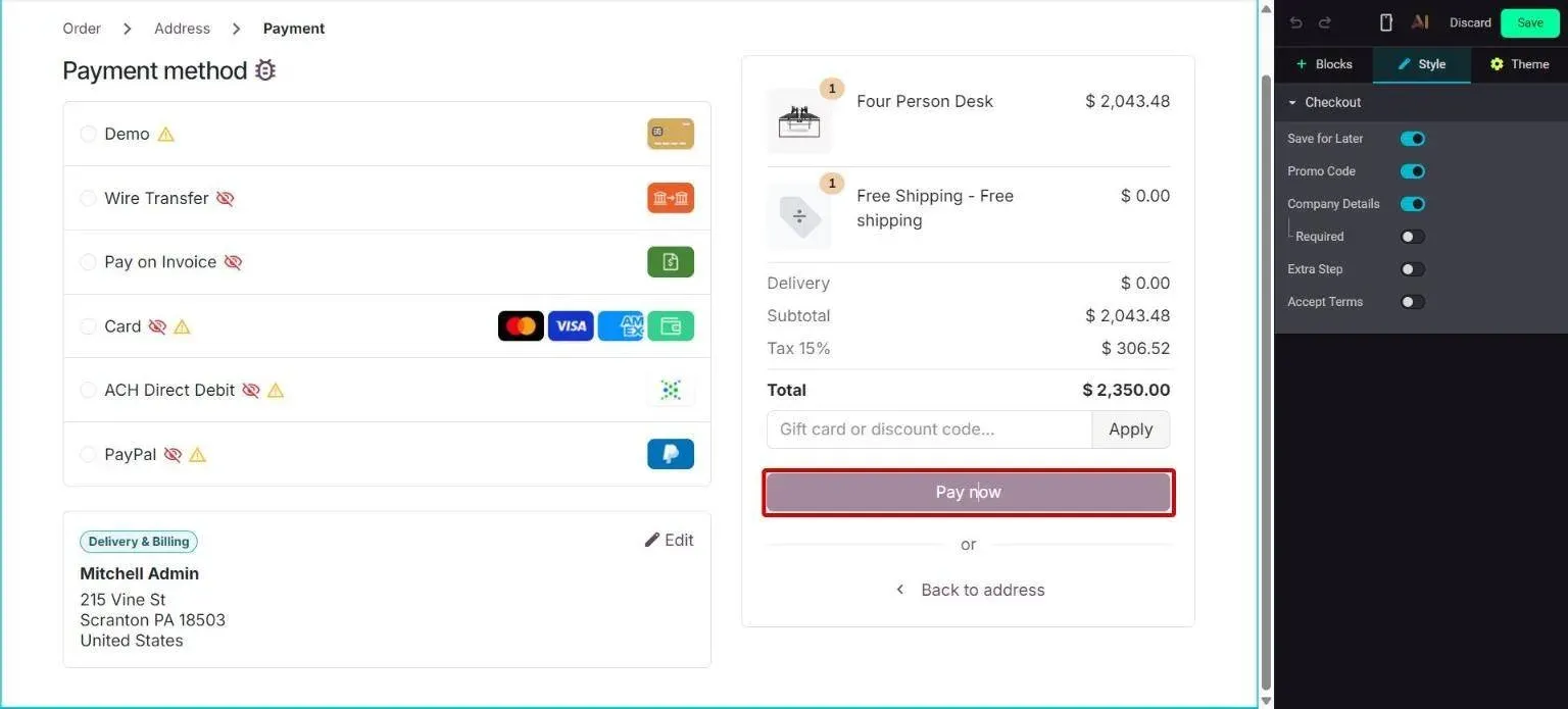 Checkout payment step in edit mode with editable Pay now button text