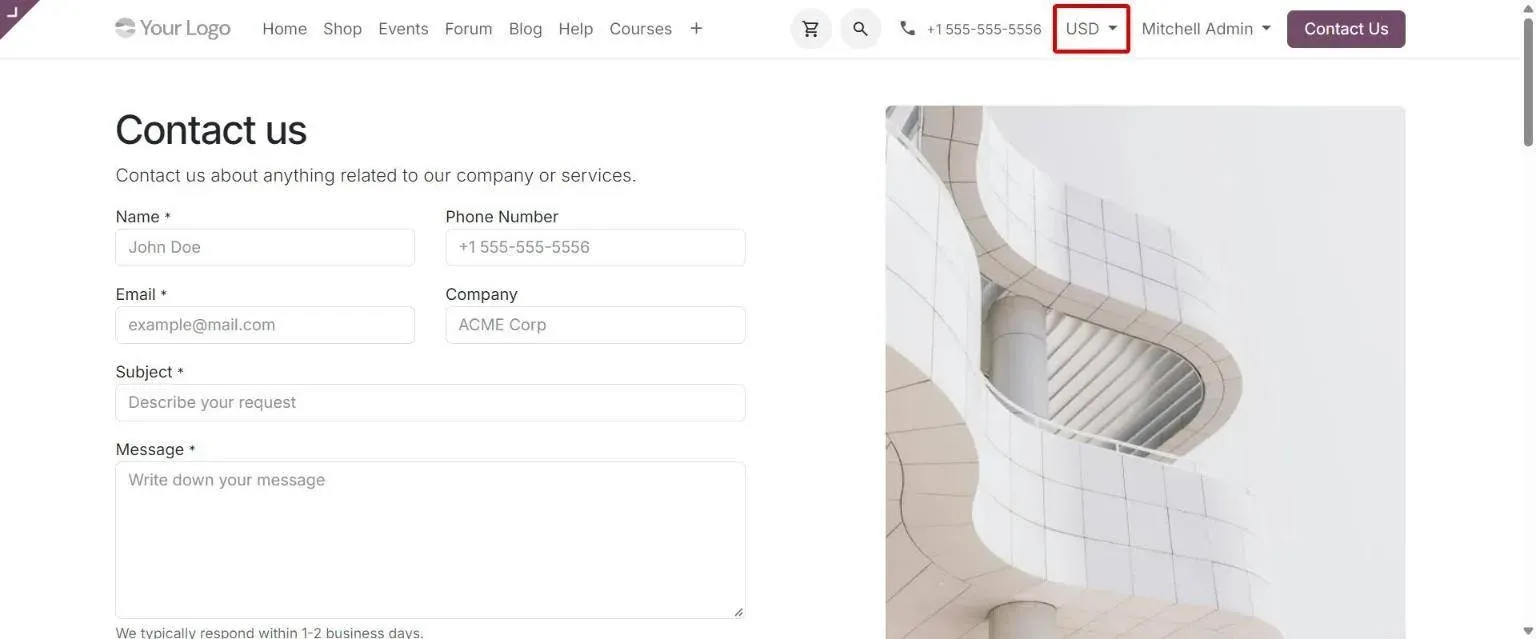 Pricelist selector in header on the Contact Us page
