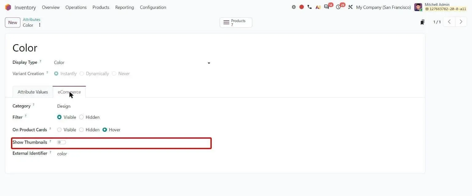 Attribute eCommerce tab with Show Thumbnails toggle