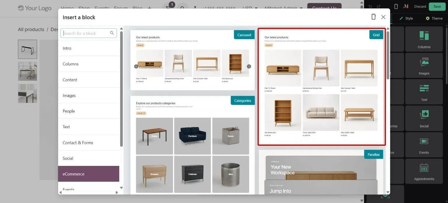 Insert a block dialog: eCommerce Grid products block