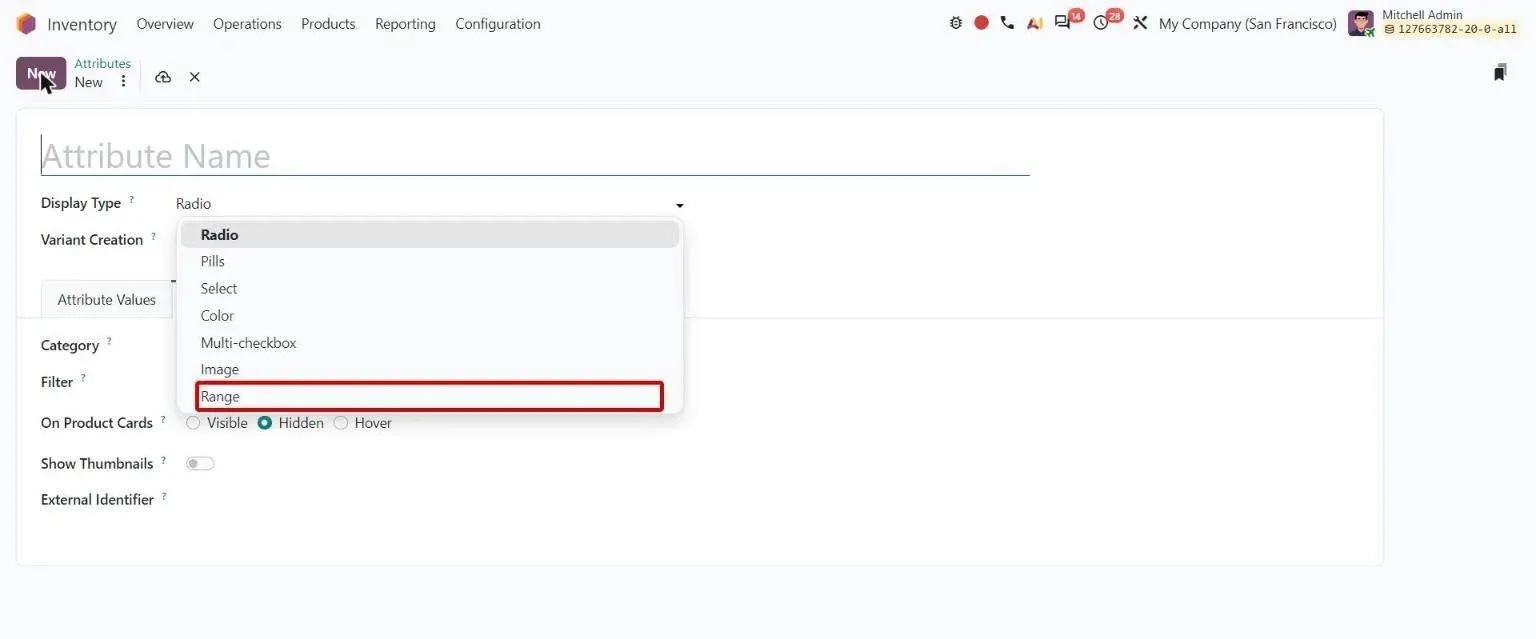 Attribute Display Type dropdown with new Range option