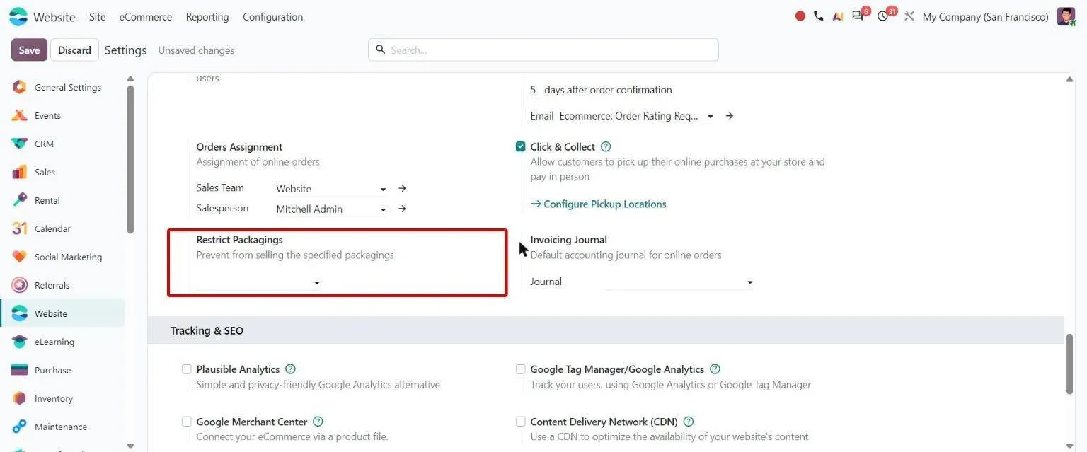 Website settings: Restrict Packagings field to block specific packagings
