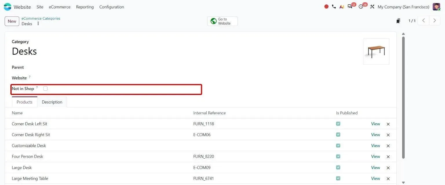 eCommerce category form with Not in Shop checkbox