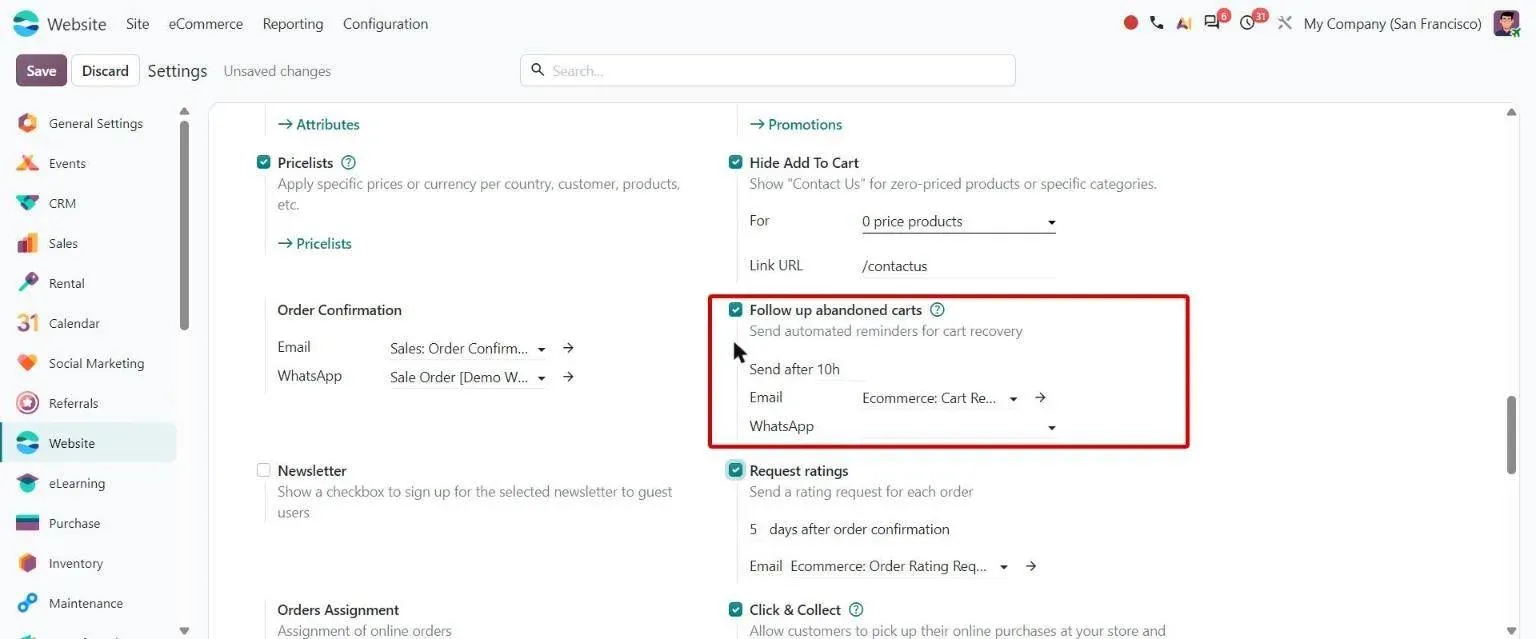 Abandoned cart follow-up settings with WhatsApp template selector