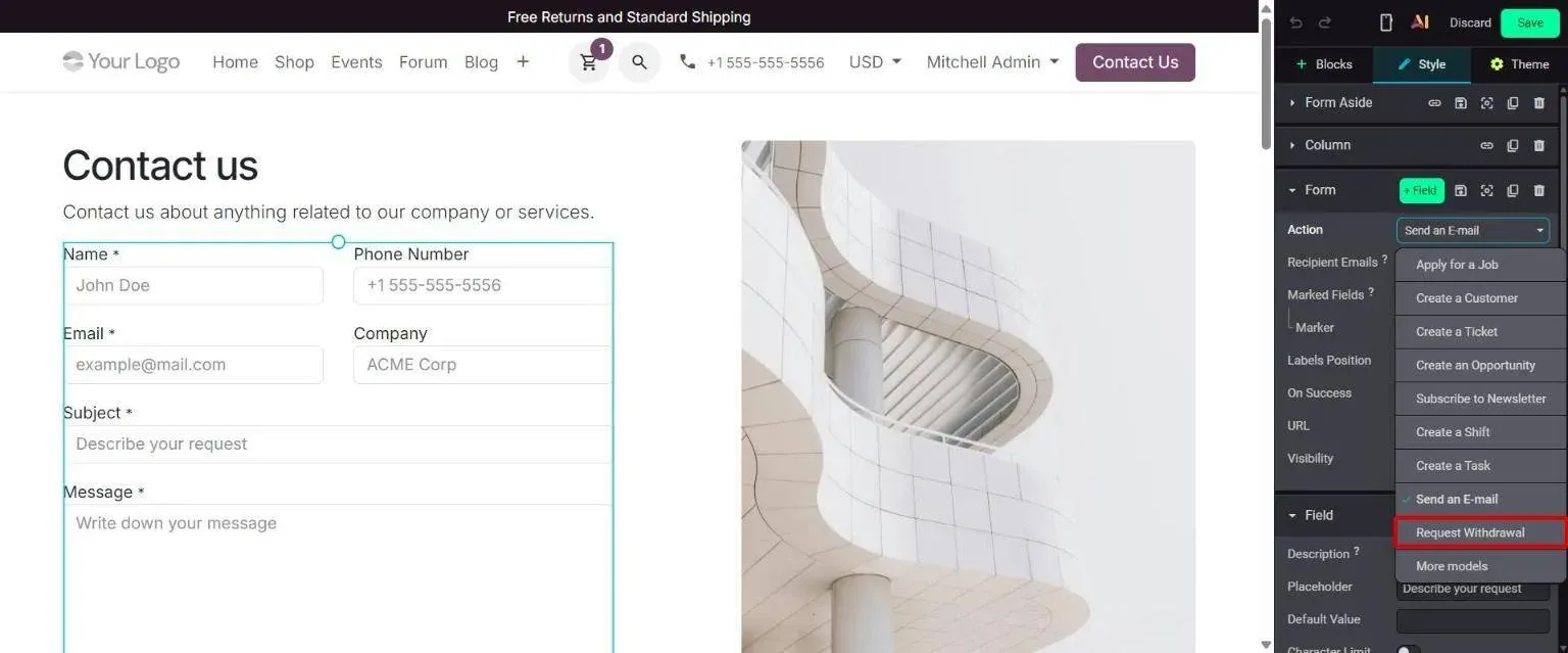 Form Action dropdown with new Request Withdrawal option