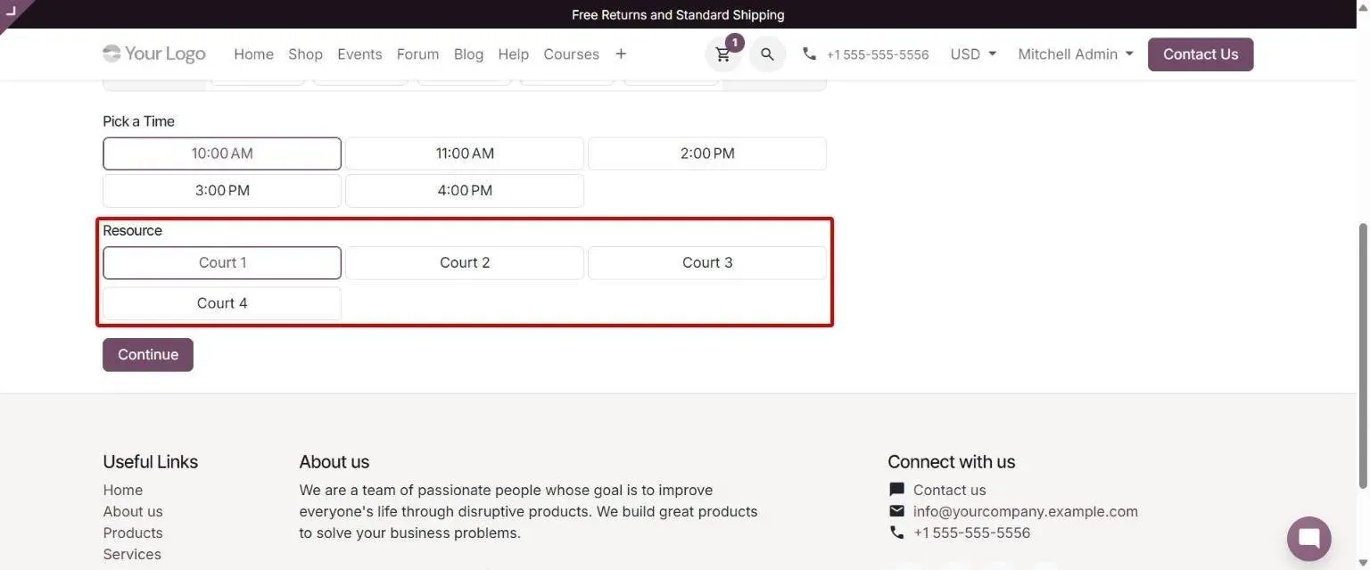 Resource selection on the same page as date and time slots