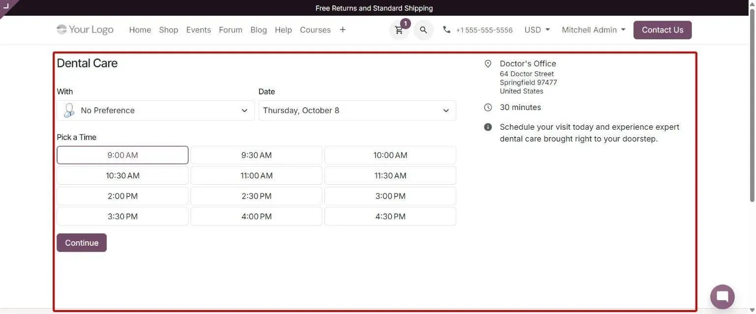 Simplified appointment page: staff, date and time picker with details panel