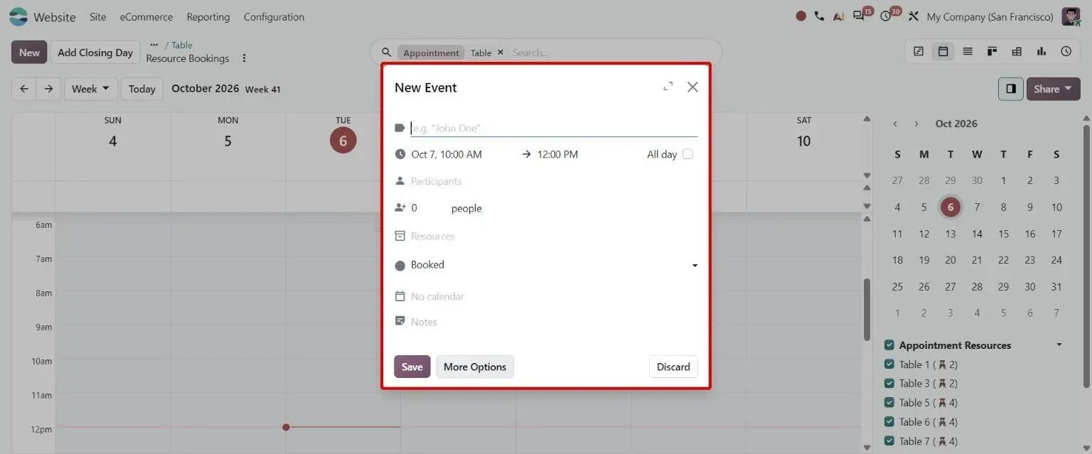 Creating a booking from the Resource Bookings calendar with people and resources