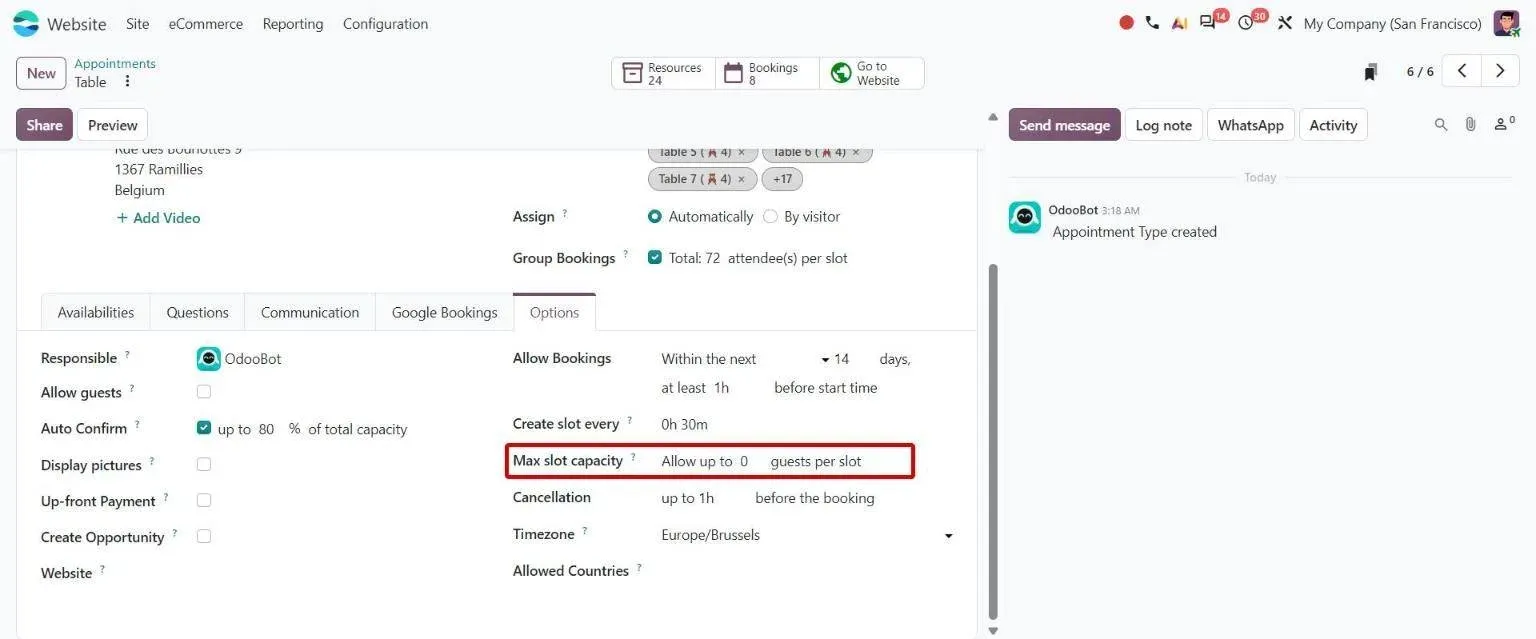 Appointment Options tab: Max slot capacity caps guests per time slot