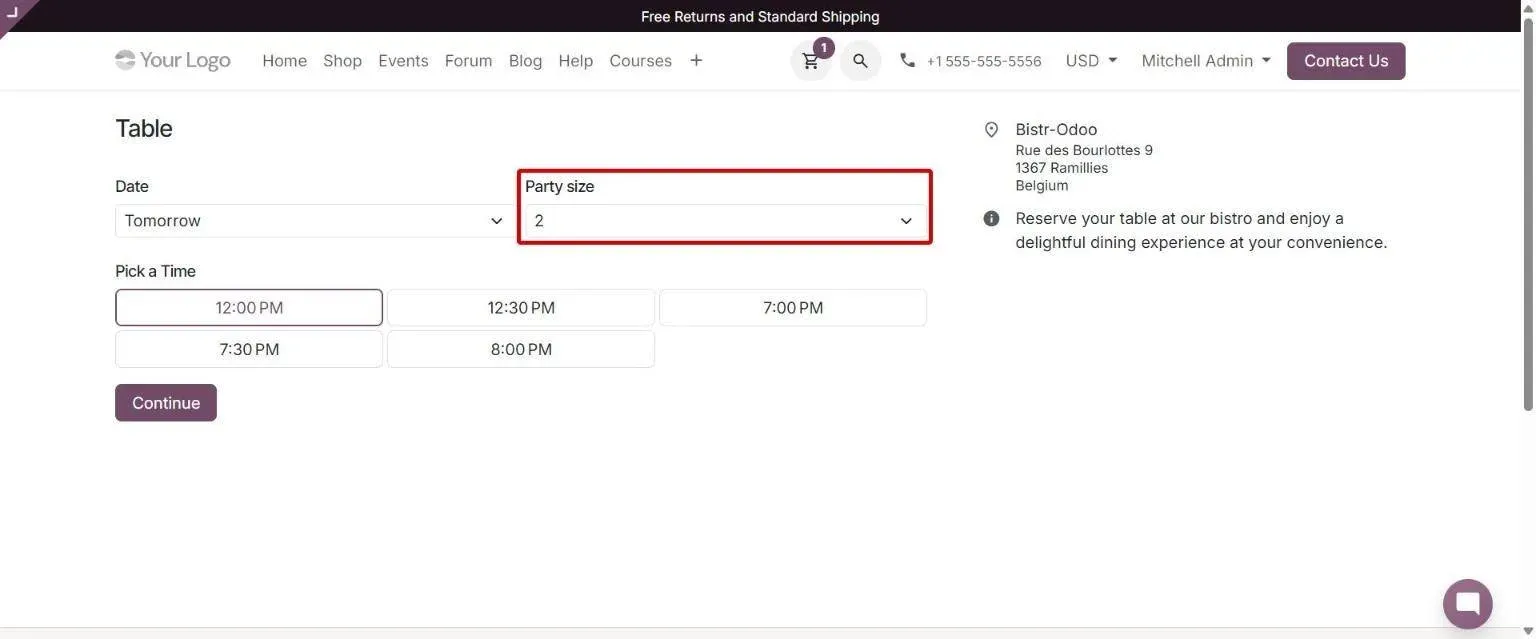 Table booking page with Party size preselected to 2