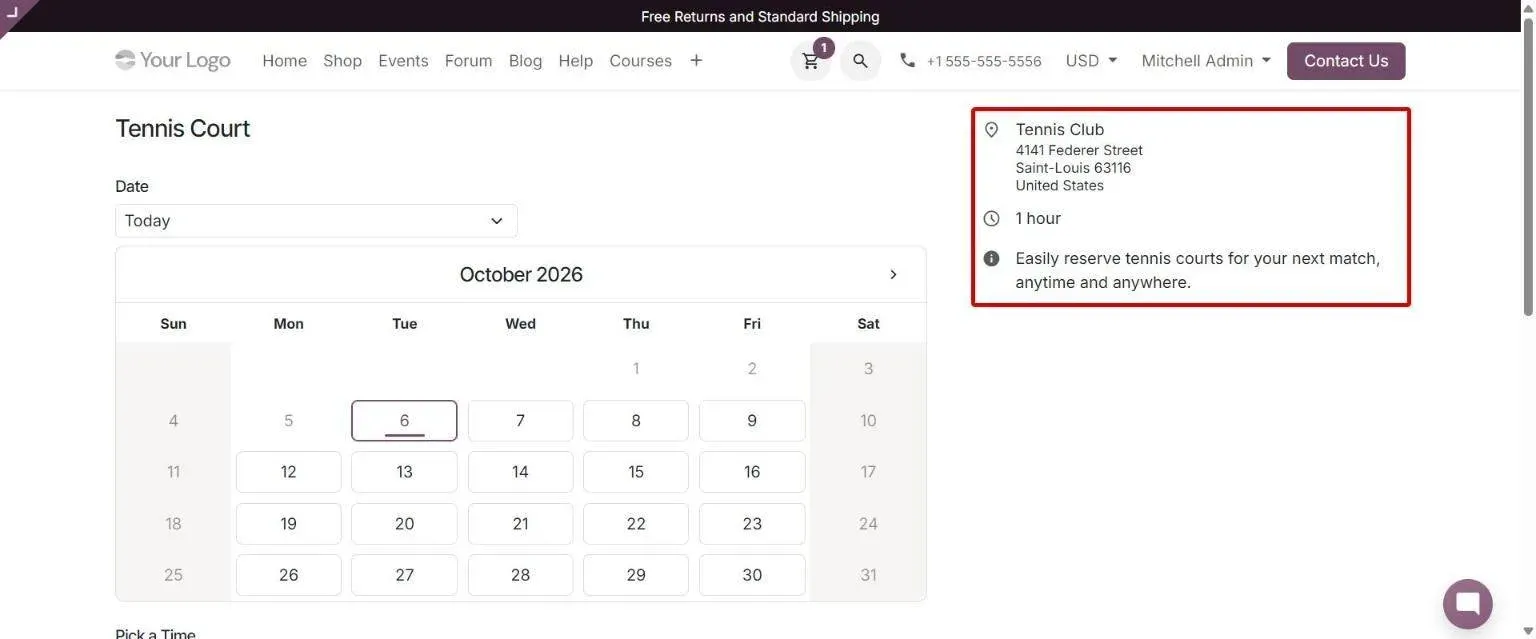 Appointment booking page with details side panel (location, duration, description)
