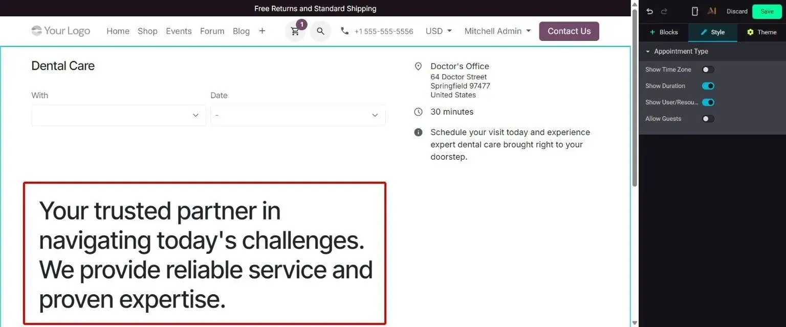 Text block dropped onto an appointment booking page in the editor