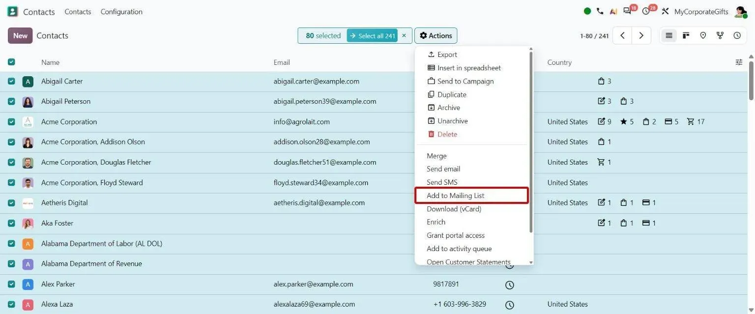 Contacts Actions menu Add to Mailing List option on 80 selected contacts