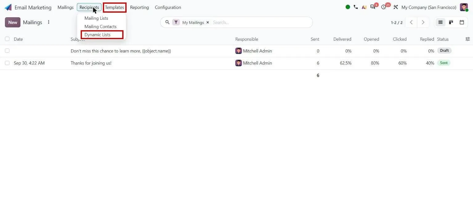 Email Marketing menu: Dynamic Lists