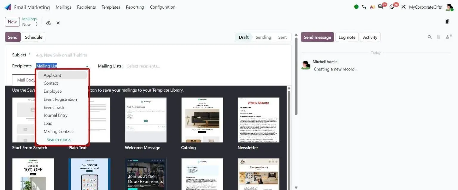 Mailing Recipients model dropdown offering Employee among the target models