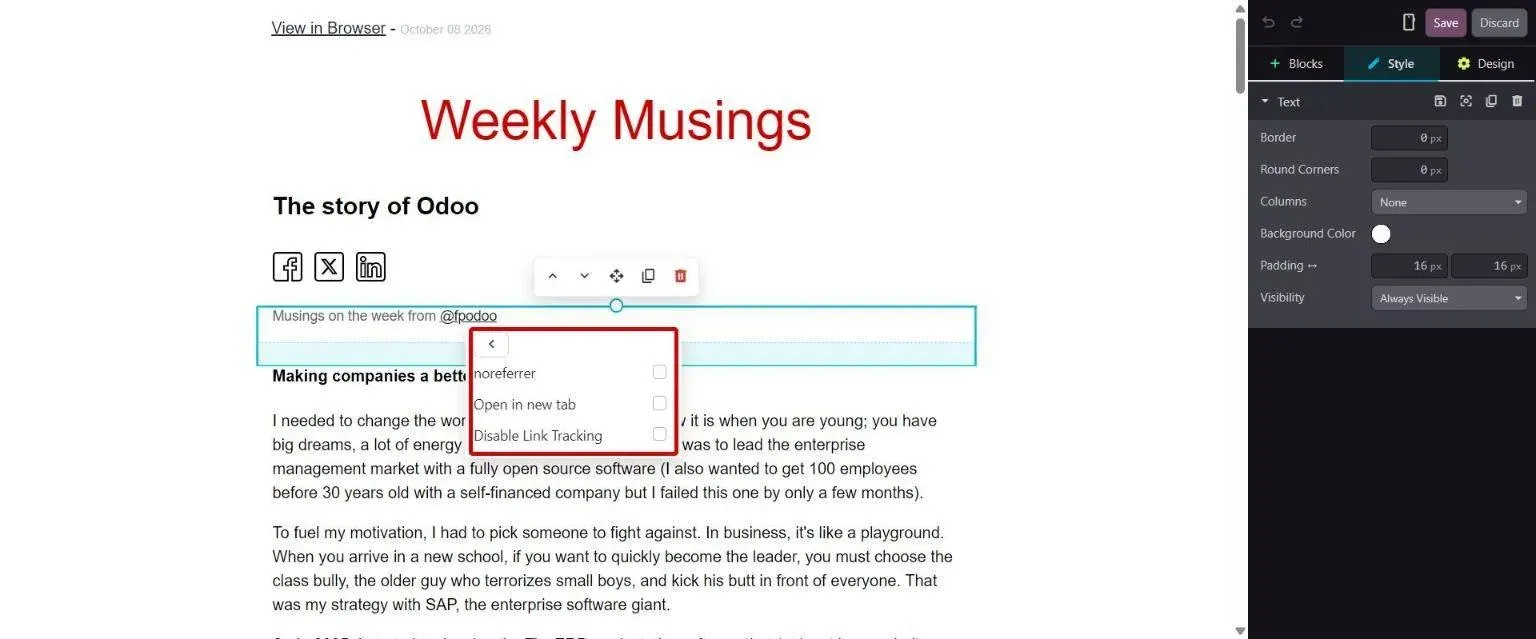 Link editor Advanced options with a Disable Link Tracking checkbox