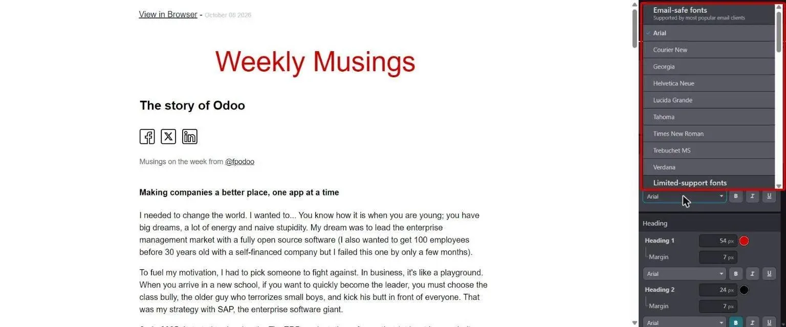 Font Family selector listing email-safe and limited-support fonts in the mailing Design tab