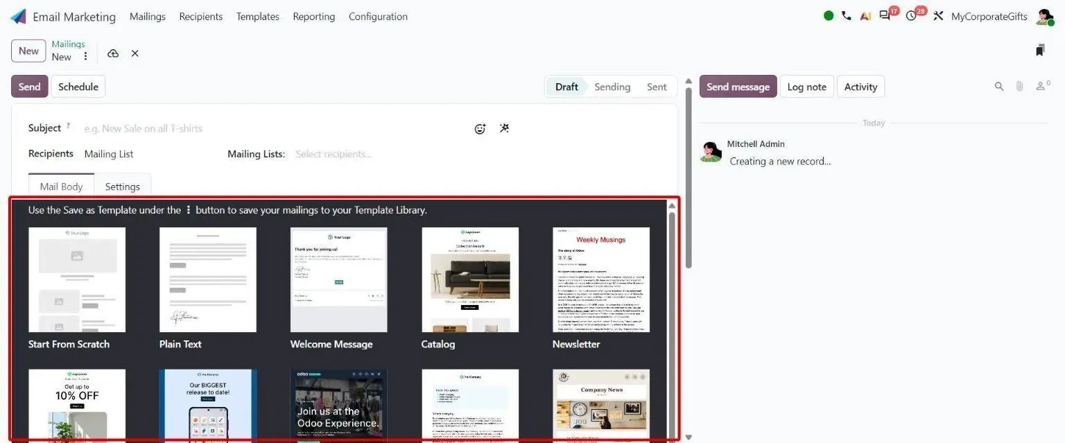 New mailing template picker showing the expanded set of email templates