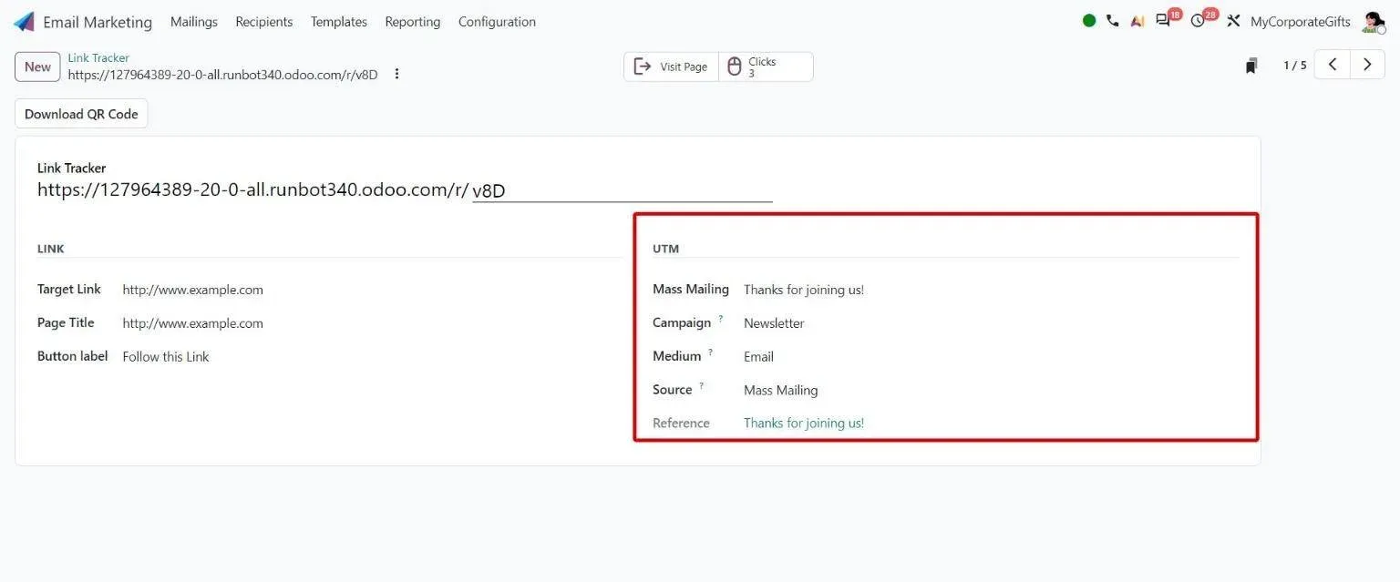 Link Tracker UTM section mapping campaign details to the new Reference field